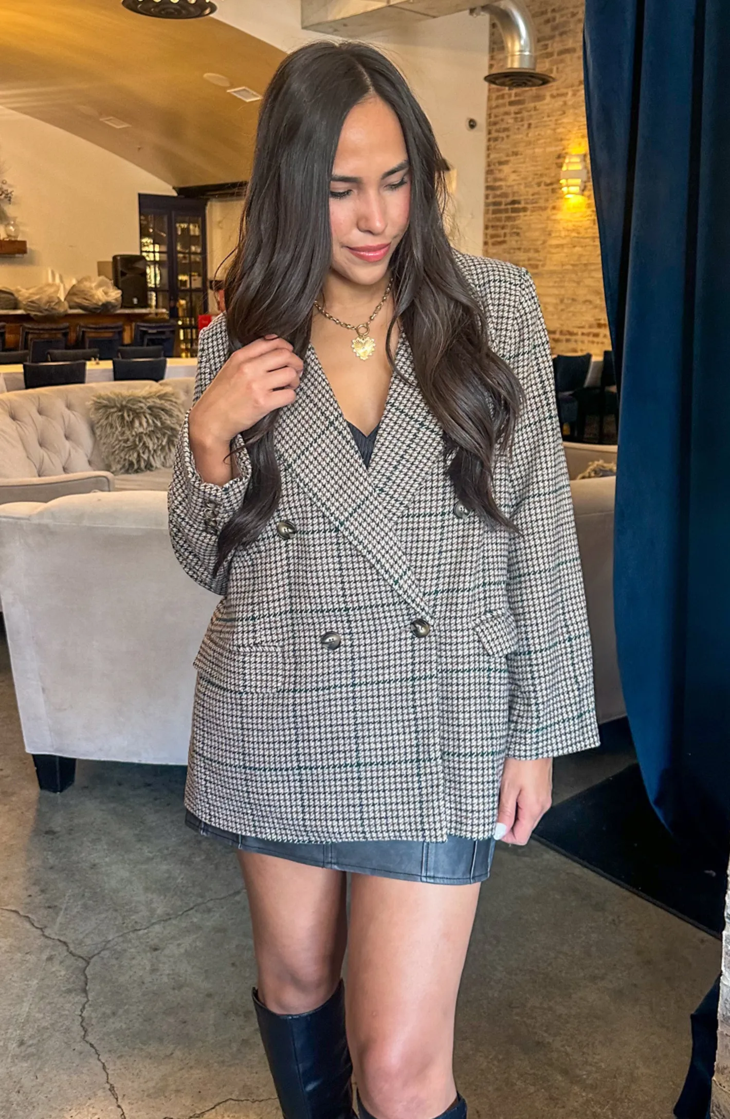 She Means Business Brown Plaid Oversized Blazer Jacket