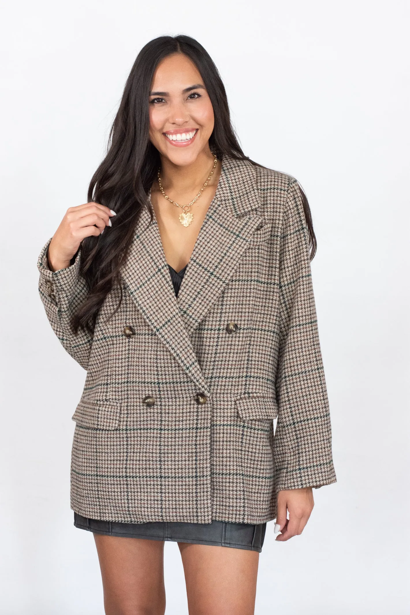 She Means Business Brown Plaid Oversized Blazer Jacket