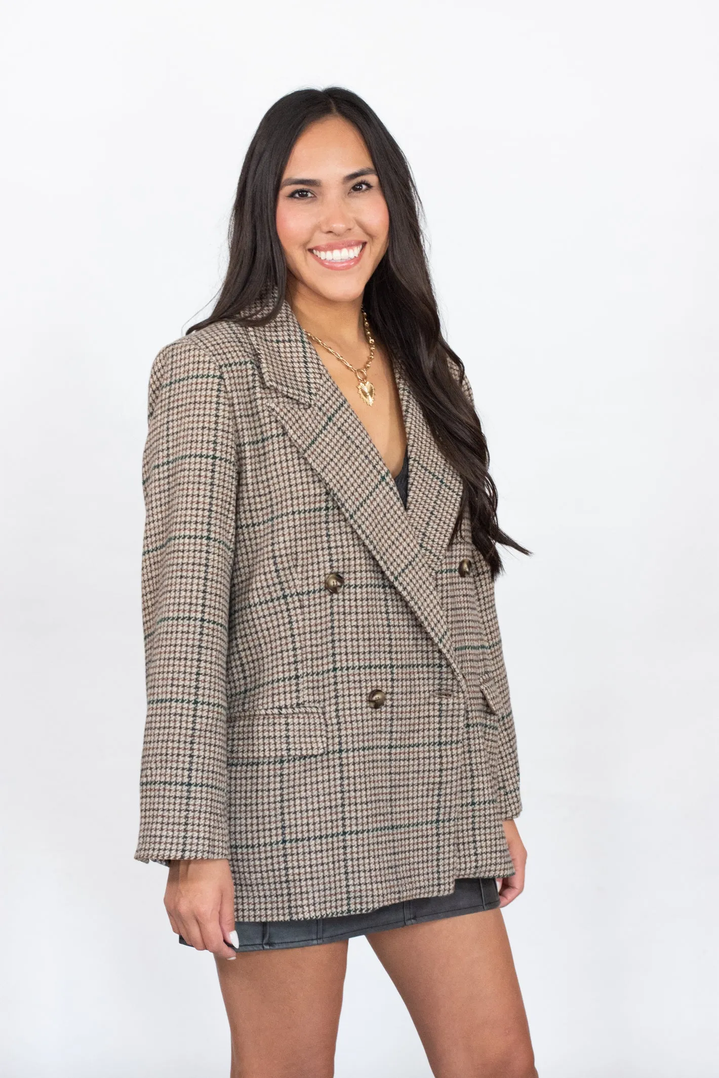 She Means Business Brown Plaid Oversized Blazer Jacket