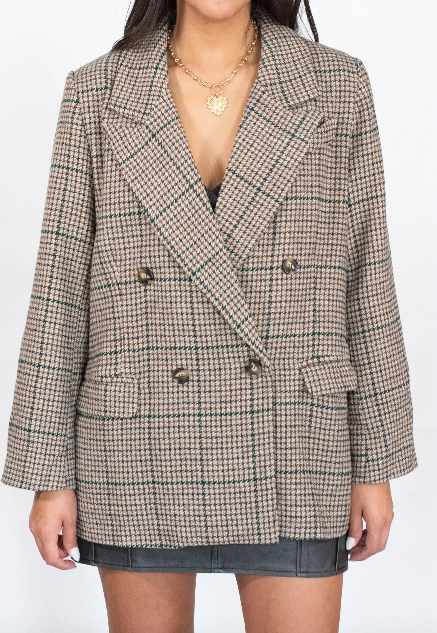 She Means Business Brown Plaid Oversized Blazer Jacket