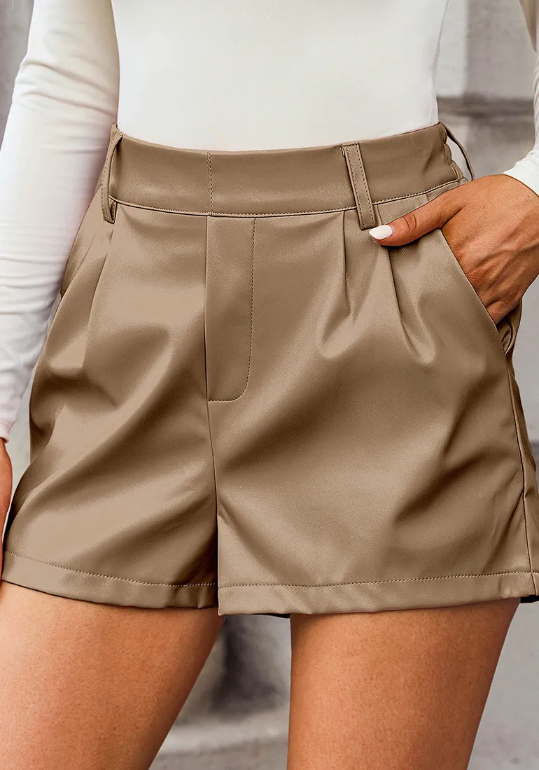 Toasted Almond Women's High Waisted PU Leather Shorts Stretch Pocket Pleat Shorts