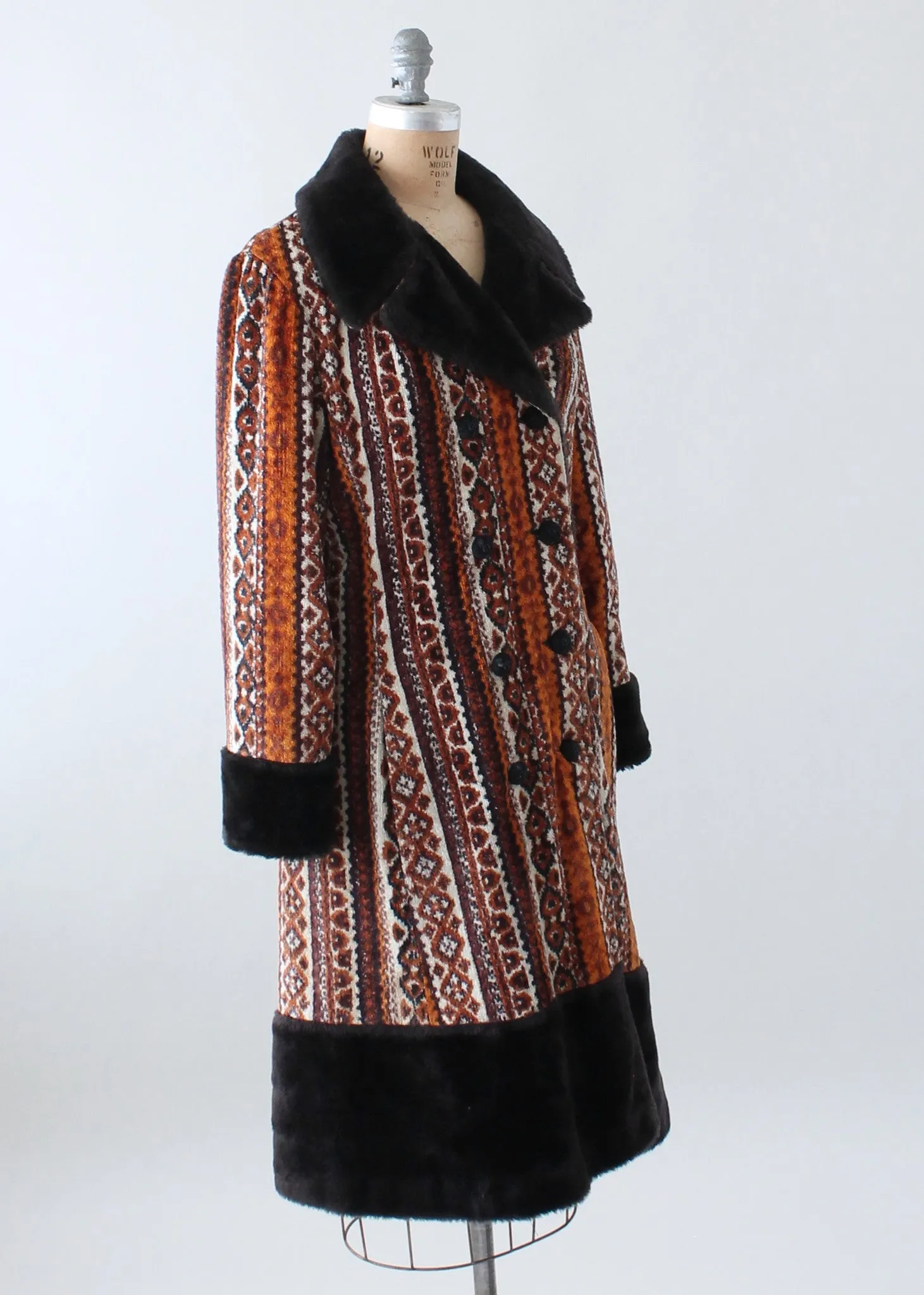 Vintage 1970s Carpet Tapestry Coat with Faux Fur Trim