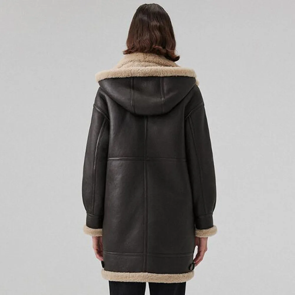 Womens Brown Sheepskin Shearling Coat Mid Length with Hood