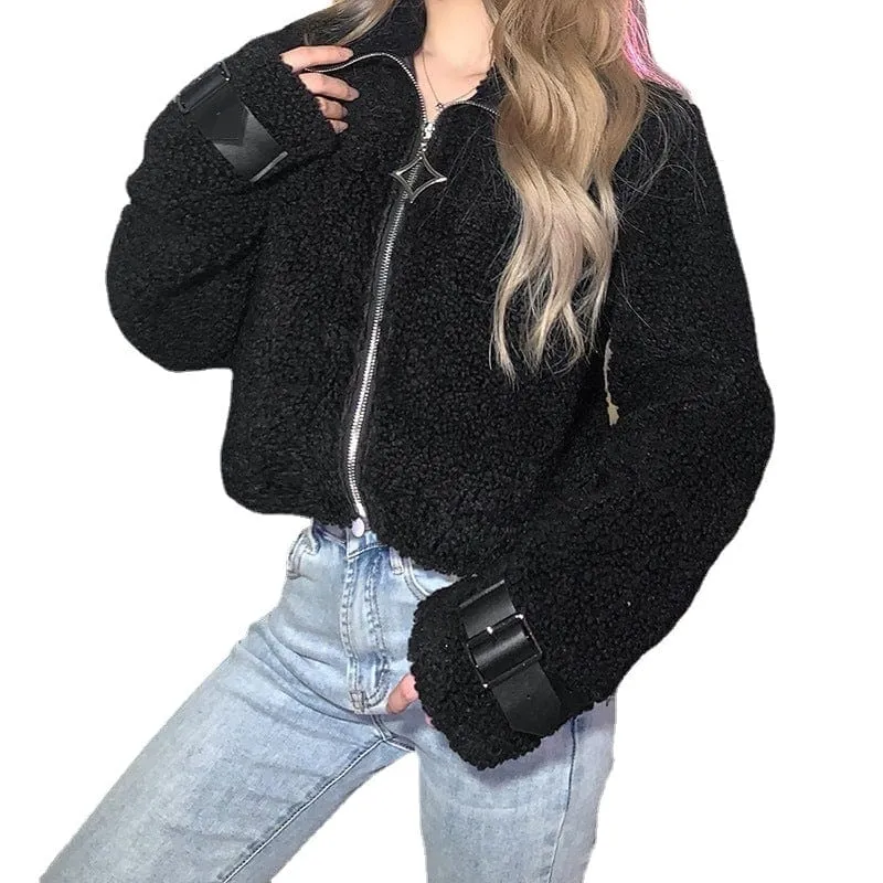 Women's Grunge Turn-down Collar Buckles Sherpa Coat