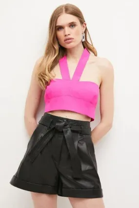 Women's High-Waisted Black Leather Belted Shorts