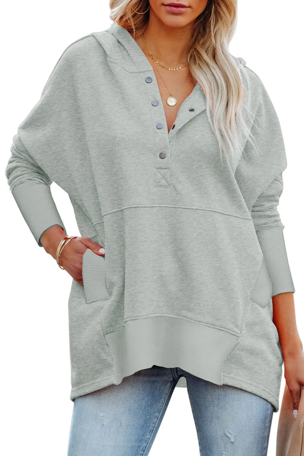 Women's Oversized Hooded Sweatshirt Batwing Sleeve Pocketed Henley Hoodie