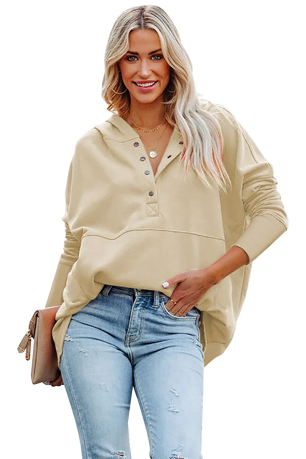 Women's Oversized Hooded Sweatshirt Batwing Sleeve Pocketed Henley Hoodie