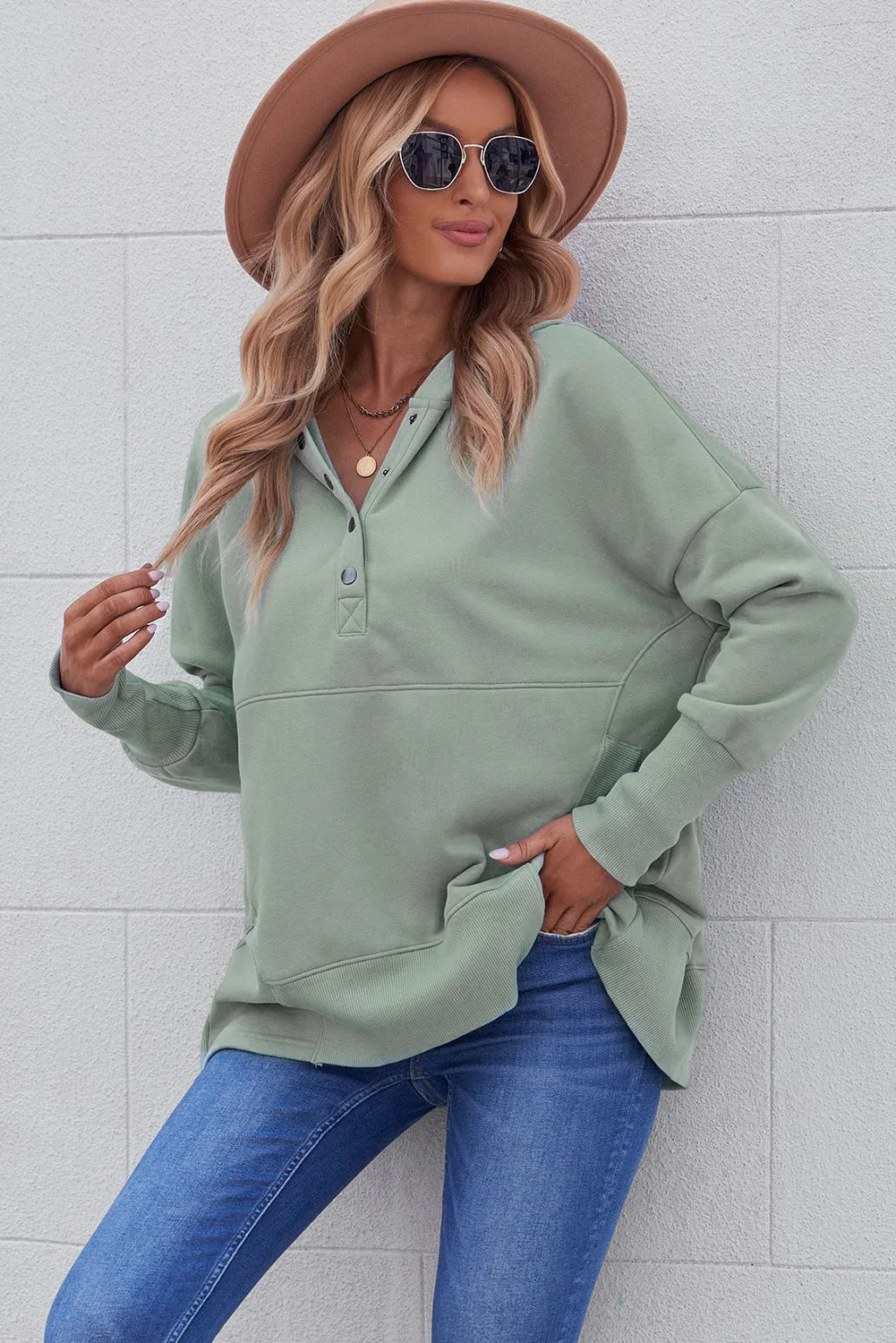 Women's Oversized Hooded Sweatshirt Batwing Sleeve Pocketed Henley Hoodie