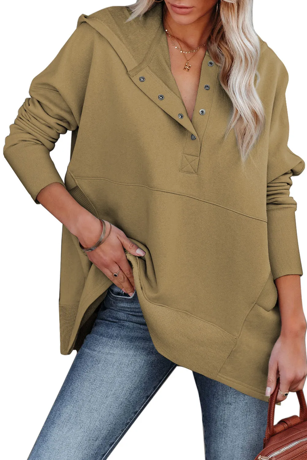 Women's Oversized Hooded Sweatshirt Batwing Sleeve Pocketed Henley Hoodie