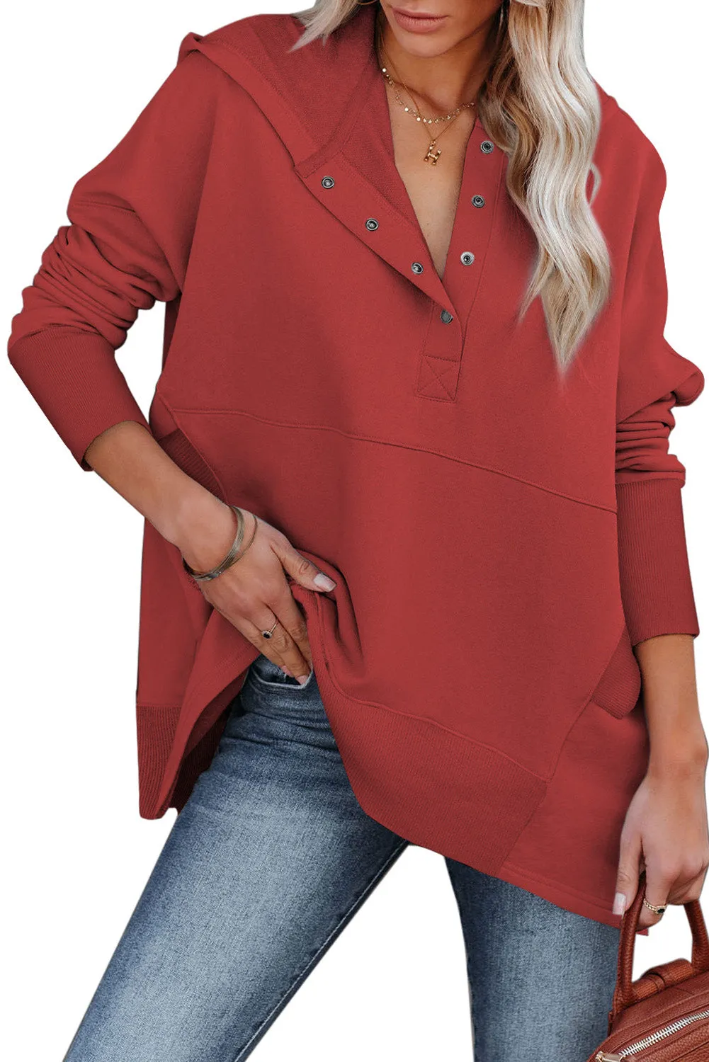 Women's Oversized Hooded Sweatshirt Batwing Sleeve Pocketed Henley Hoodie