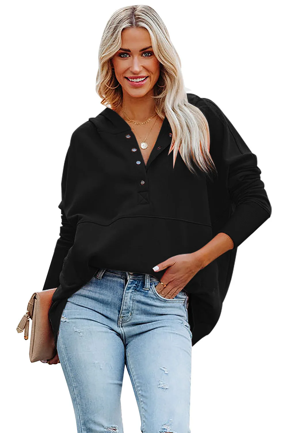 Women's Oversized Hooded Sweatshirt Batwing Sleeve Pocketed Henley Hoodie