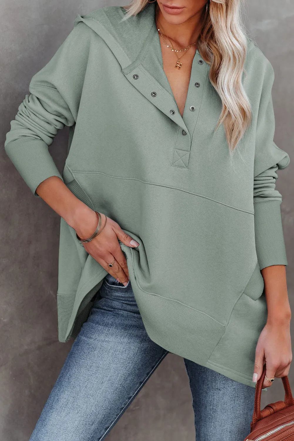 Women's Oversized Hooded Sweatshirt Batwing Sleeve Pocketed Henley Hoodie