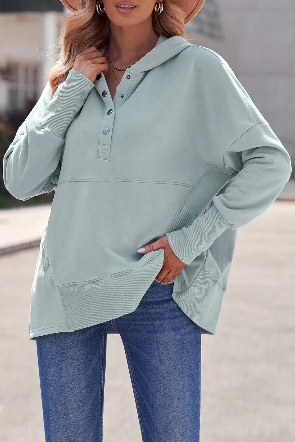 Women's Oversized Hooded Sweatshirt Batwing Sleeve Pocketed Henley Hoodie