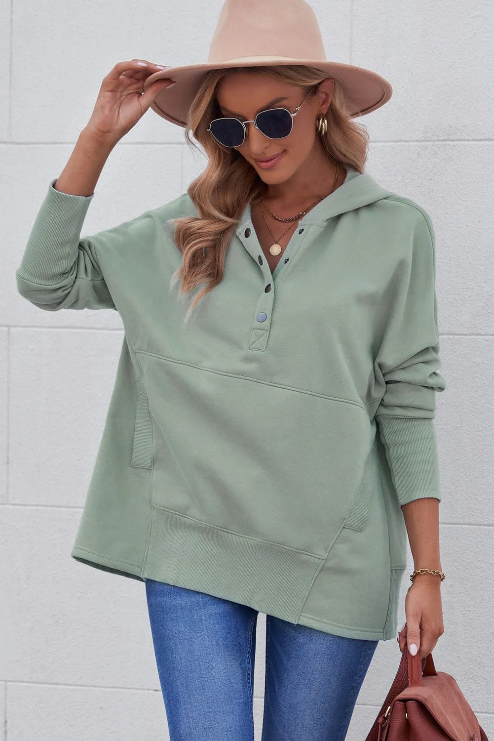 Women's Oversized Hooded Sweatshirt Batwing Sleeve Pocketed Henley Hoodie