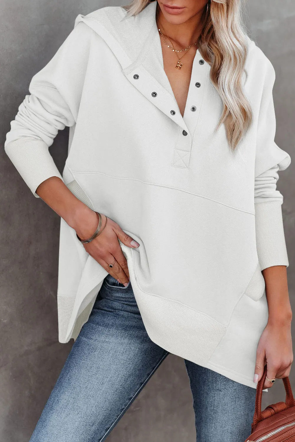 Women's Oversized Hooded Sweatshirt Batwing Sleeve Pocketed Henley Hoodie