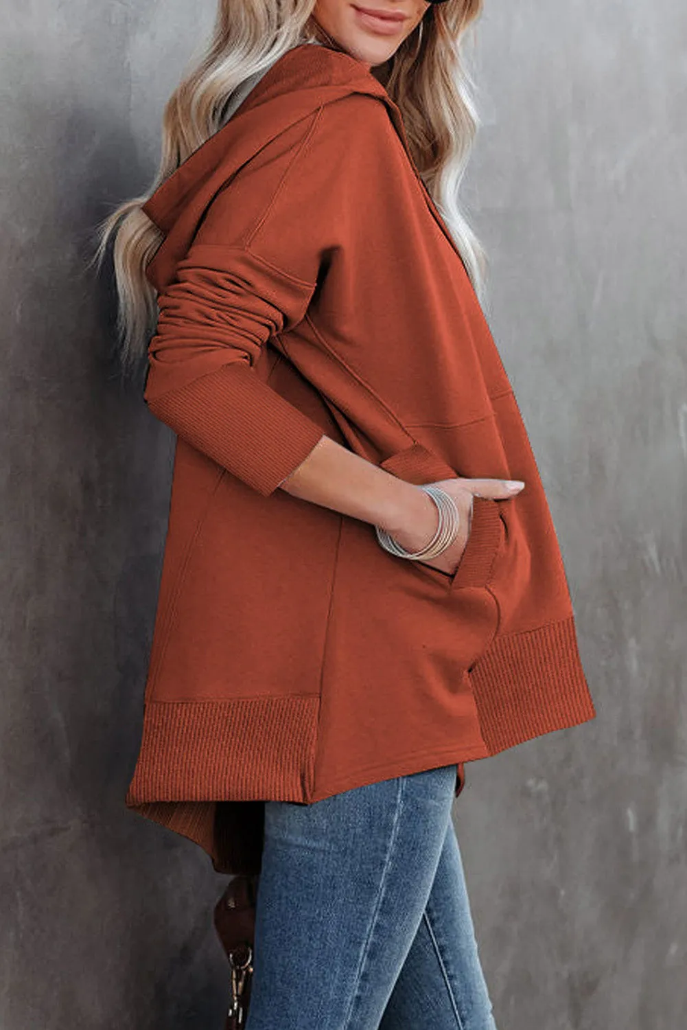 Women's Oversized Hooded Sweatshirt Batwing Sleeve Pocketed Henley Hoodie