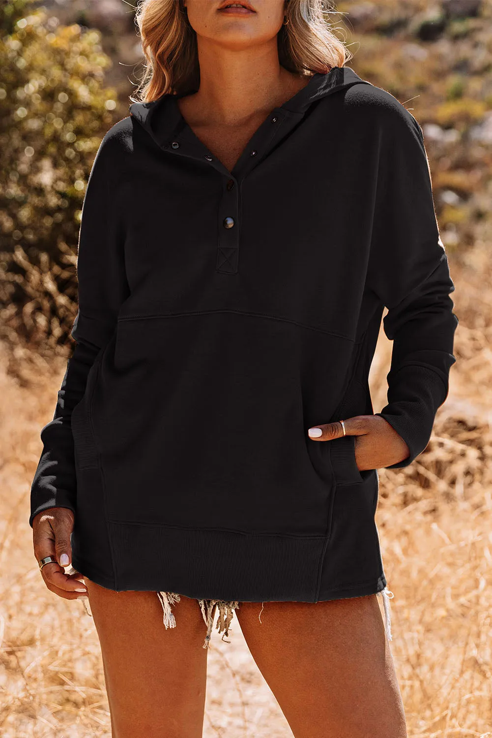 Women's Oversized Hooded Sweatshirt Batwing Sleeve Pocketed Henley Hoodie