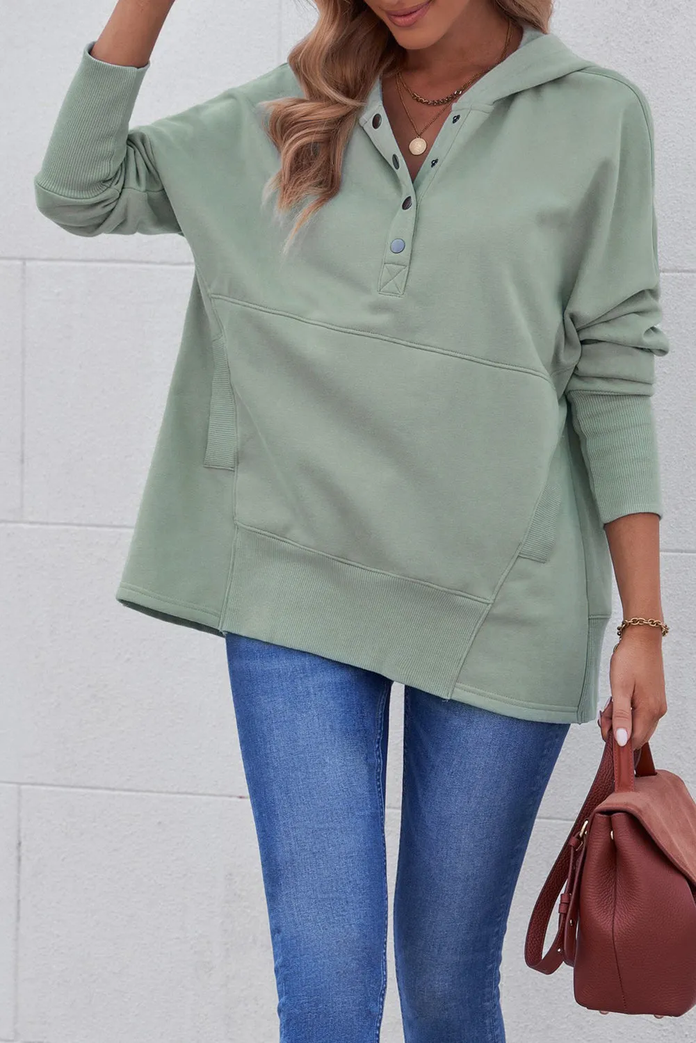 Women's Oversized Hooded Sweatshirt Batwing Sleeve Pocketed Henley Hoodie