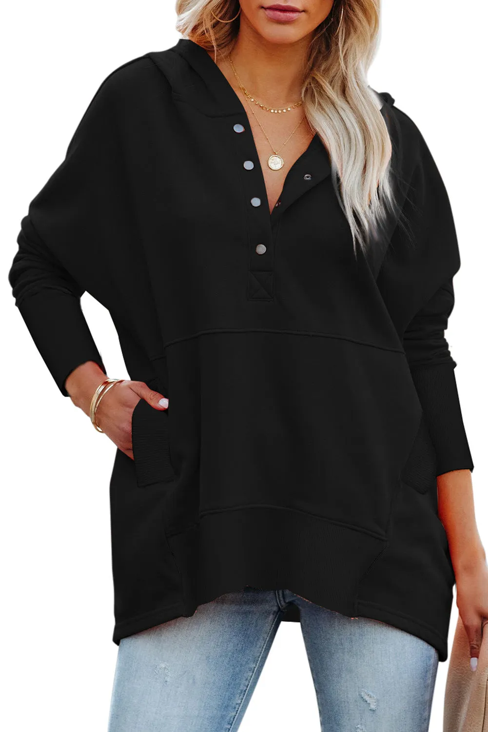 Women's Oversized Hooded Sweatshirt Batwing Sleeve Pocketed Henley Hoodie