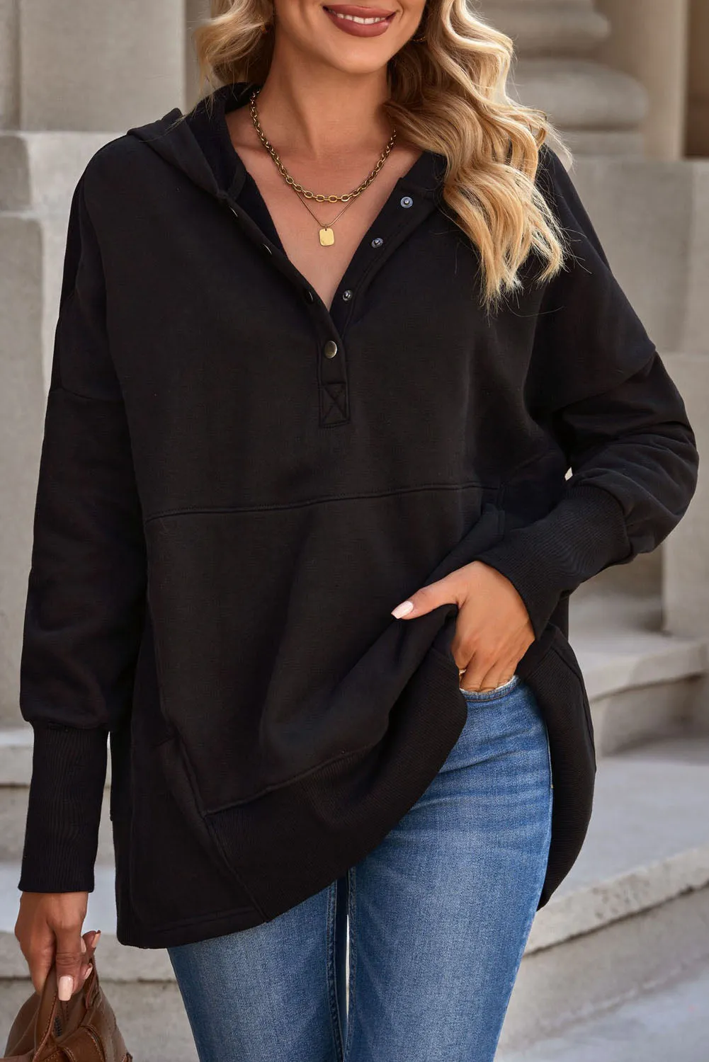 Women's Oversized Hooded Sweatshirt Batwing Sleeve Pocketed Henley Hoodie