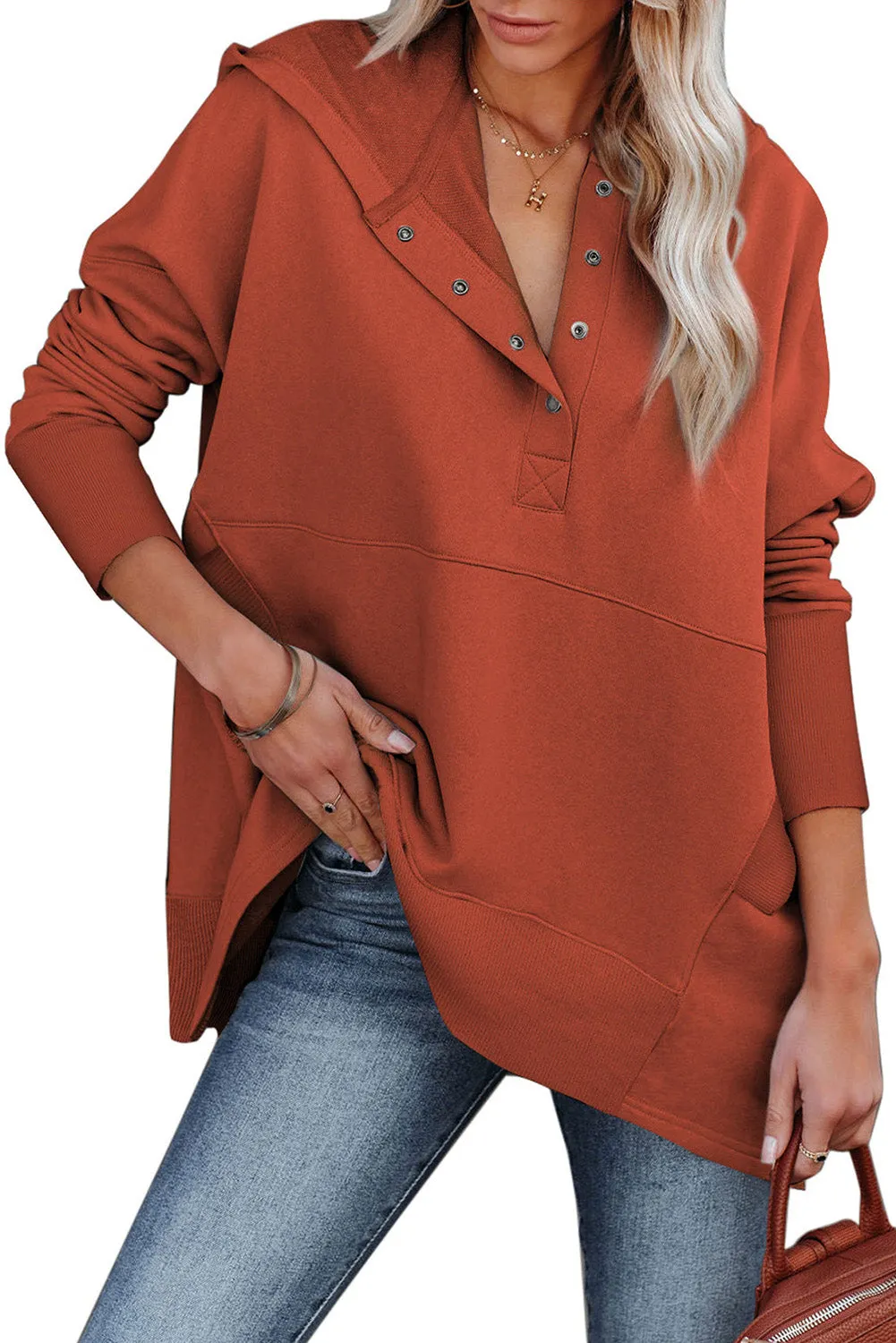 Women's Oversized Hooded Sweatshirt Batwing Sleeve Pocketed Henley Hoodie