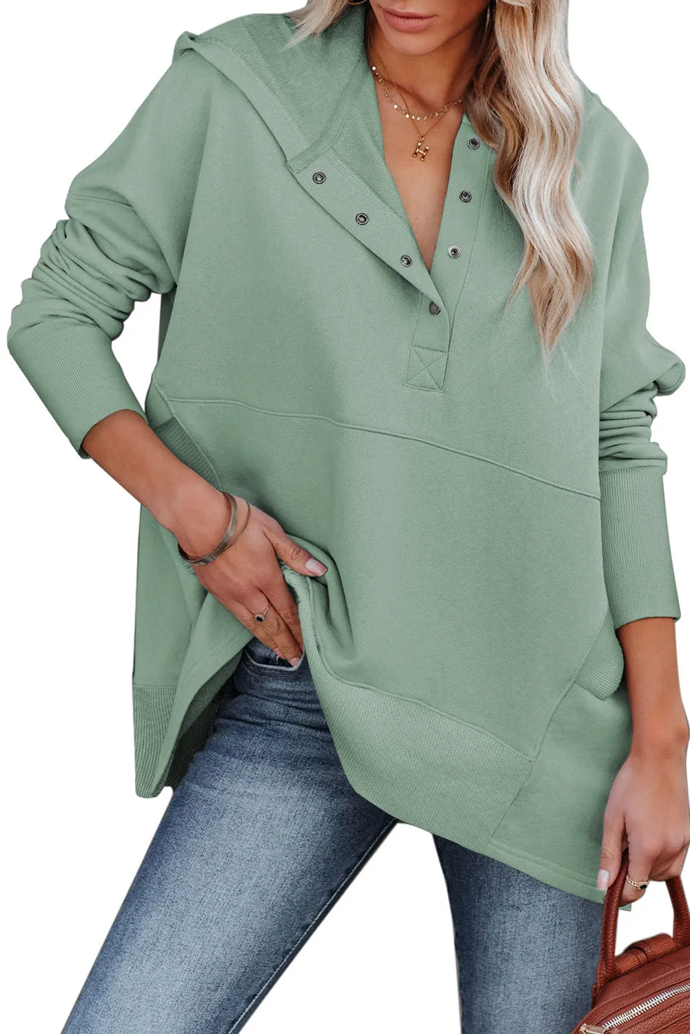 Women's Oversized Hooded Sweatshirt Batwing Sleeve Pocketed Henley Hoodie