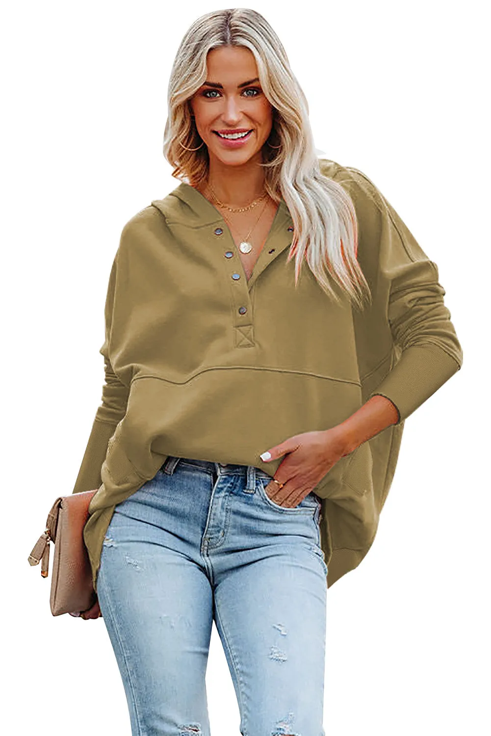 Women's Oversized Hooded Sweatshirt Batwing Sleeve Pocketed Henley Hoodie