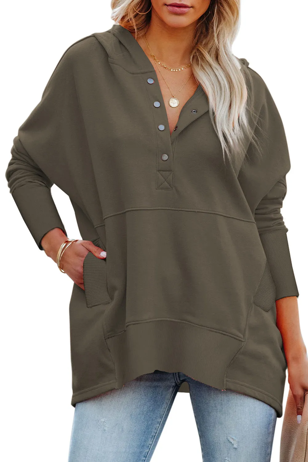 Women's Oversized Hooded Sweatshirt Batwing Sleeve Pocketed Henley Hoodie