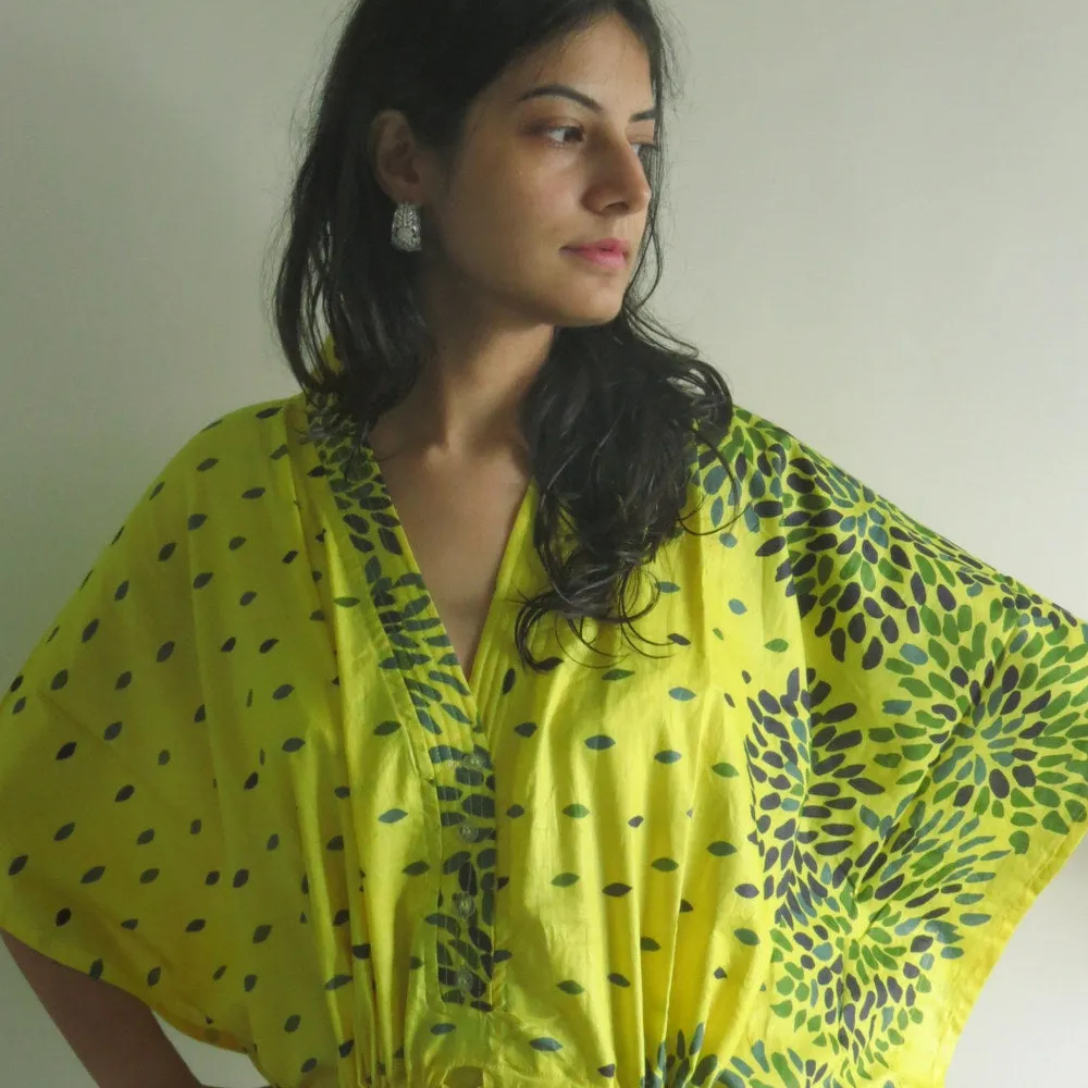 Yellow Abstract Floral V-Neck Button Down to Waist, Ankle Length, Cinched Waist Caftan