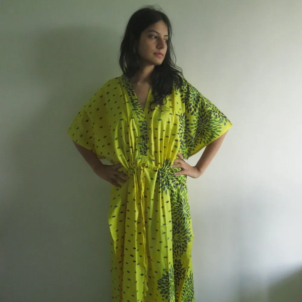 Yellow Abstract Floral V-Neck Button Down to Waist, Ankle Length, Cinched Waist Caftan