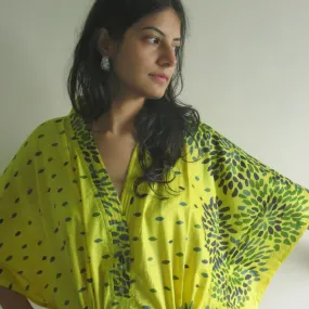 Yellow Abstract Floral V-Neck Button Down to Waist, Ankle Length, Cinched Waist Caftan