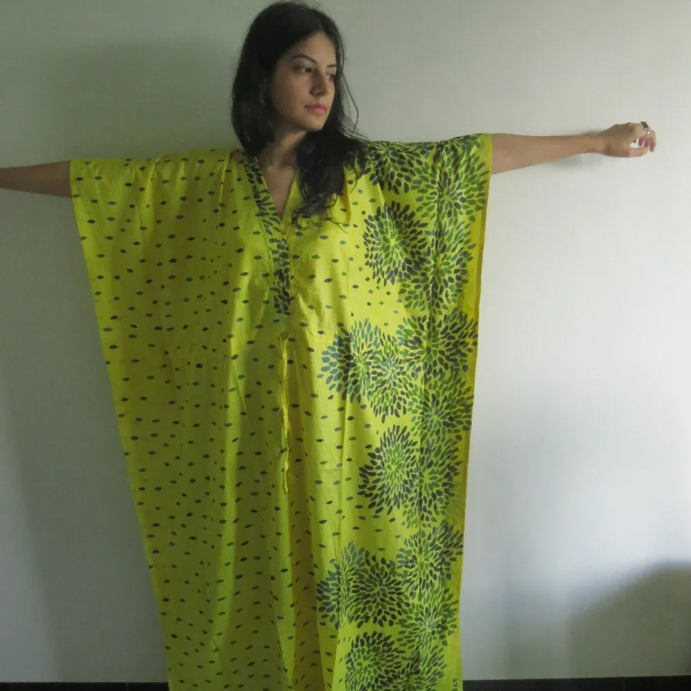 Yellow Abstract Floral V-Neck Button Down to Waist, Ankle Length, Cinched Waist Caftan