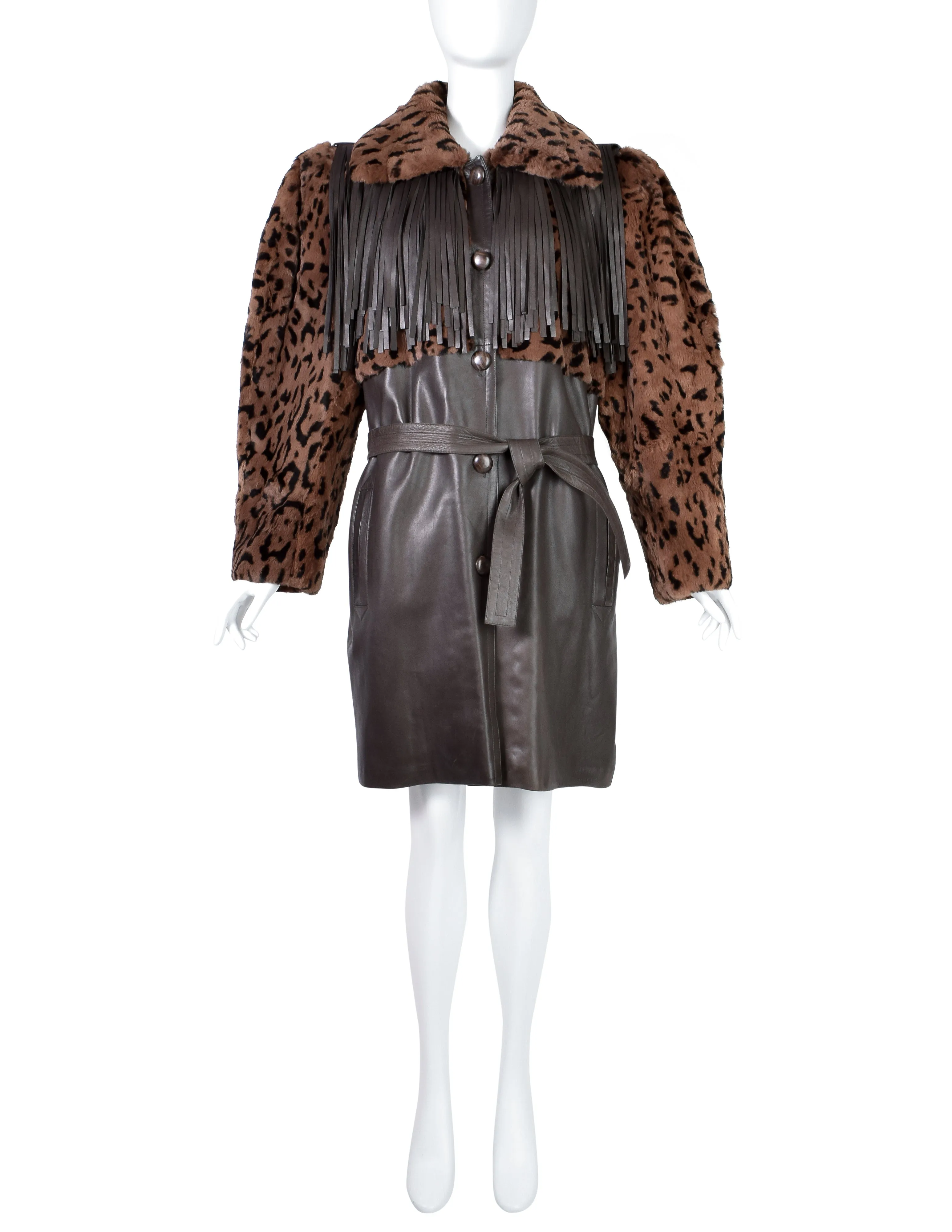 Yves Saint Laurent Vintage AW 1987 Lambskin Leather Leopard Fur Fringe Western Inspired Coat