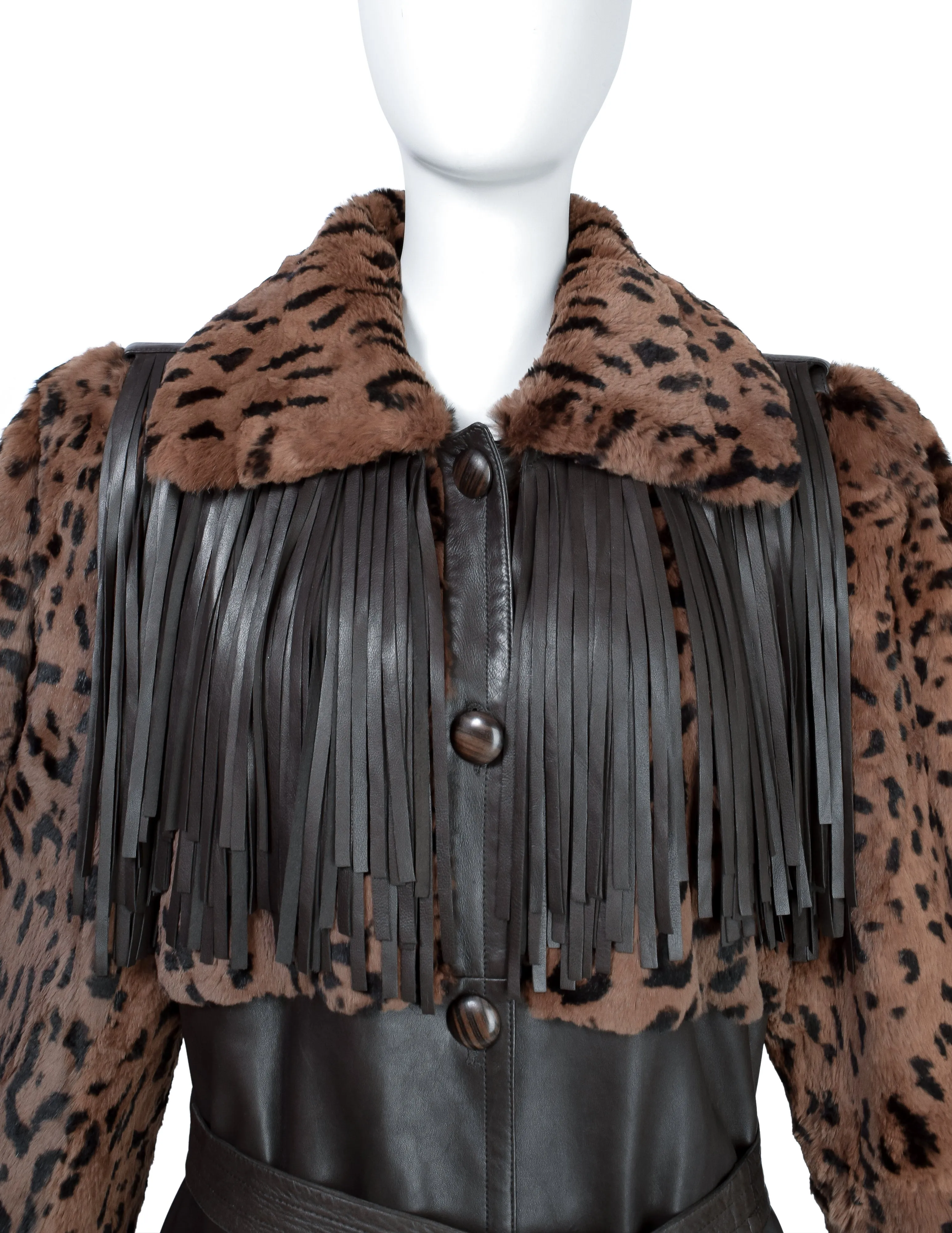 Yves Saint Laurent Vintage AW 1987 Lambskin Leather Leopard Fur Fringe Western Inspired Coat