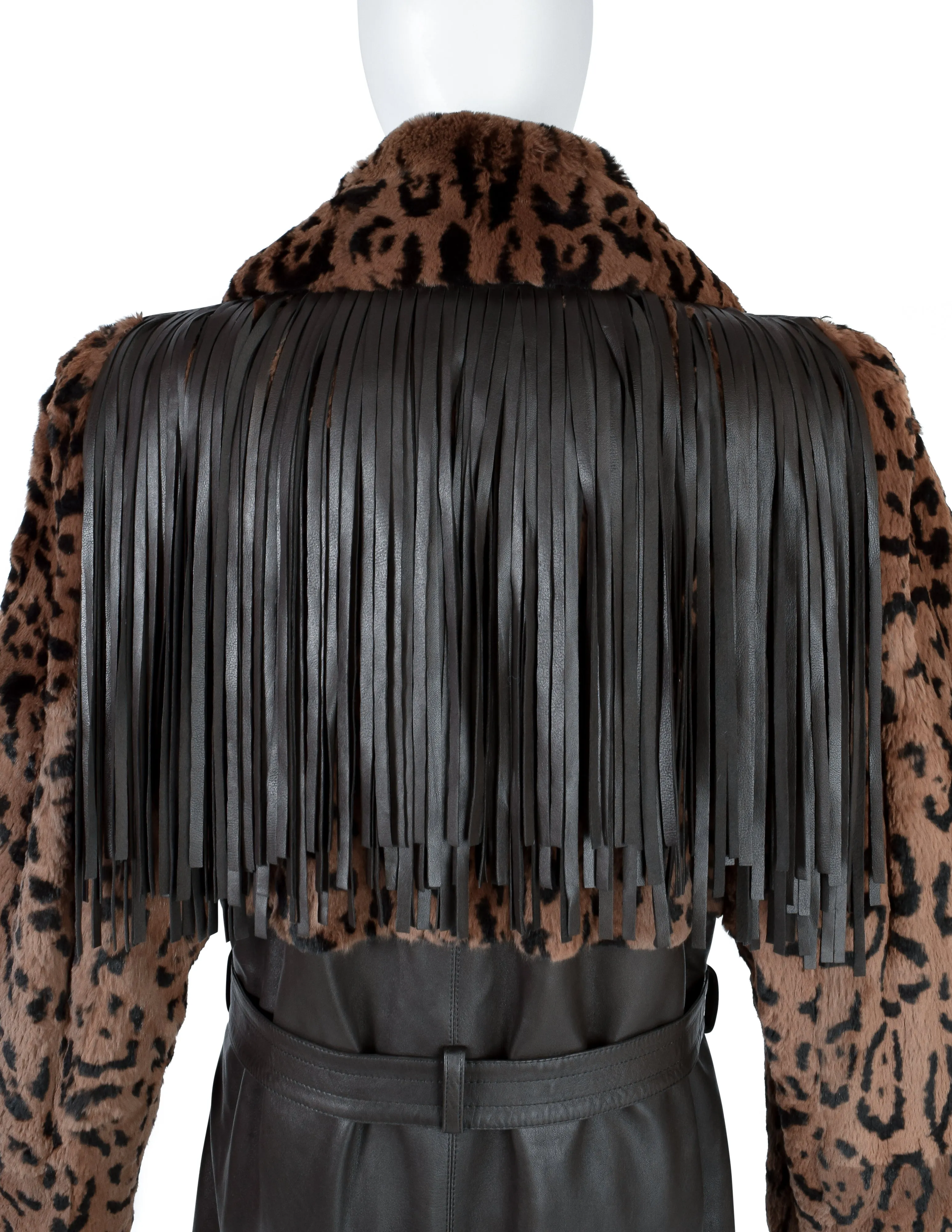 Yves Saint Laurent Vintage AW 1987 Lambskin Leather Leopard Fur Fringe Western Inspired Coat